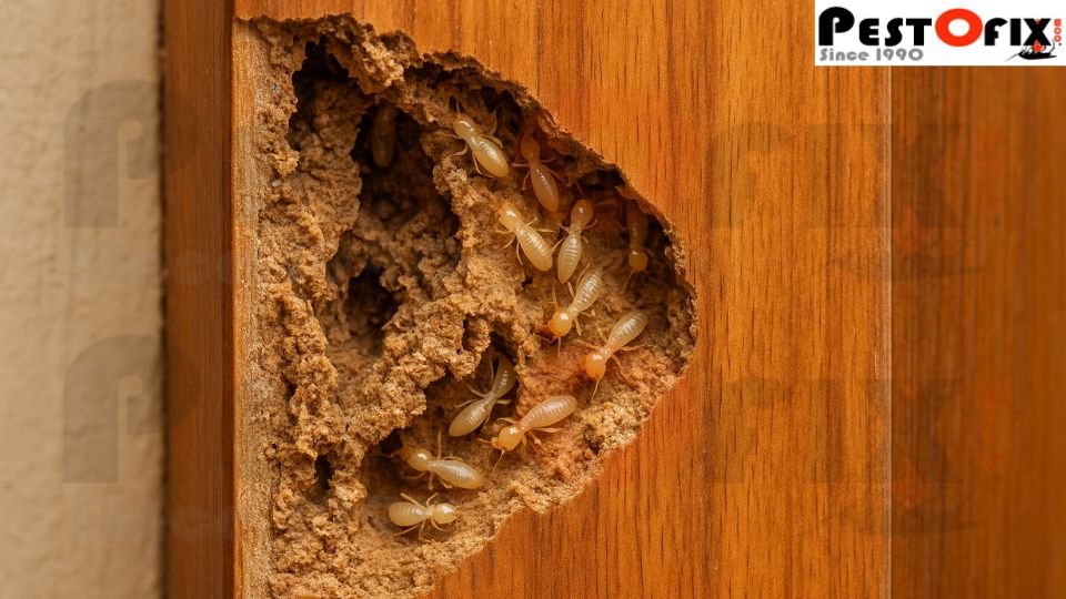 A wooden surface looks smooth on the outside, but inside a hidden colony of termites is exposed, showing severe tunneling damage