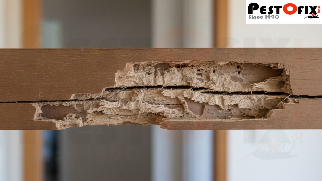 Hidden internal termite damage inside a wooden beam with intact outer surface