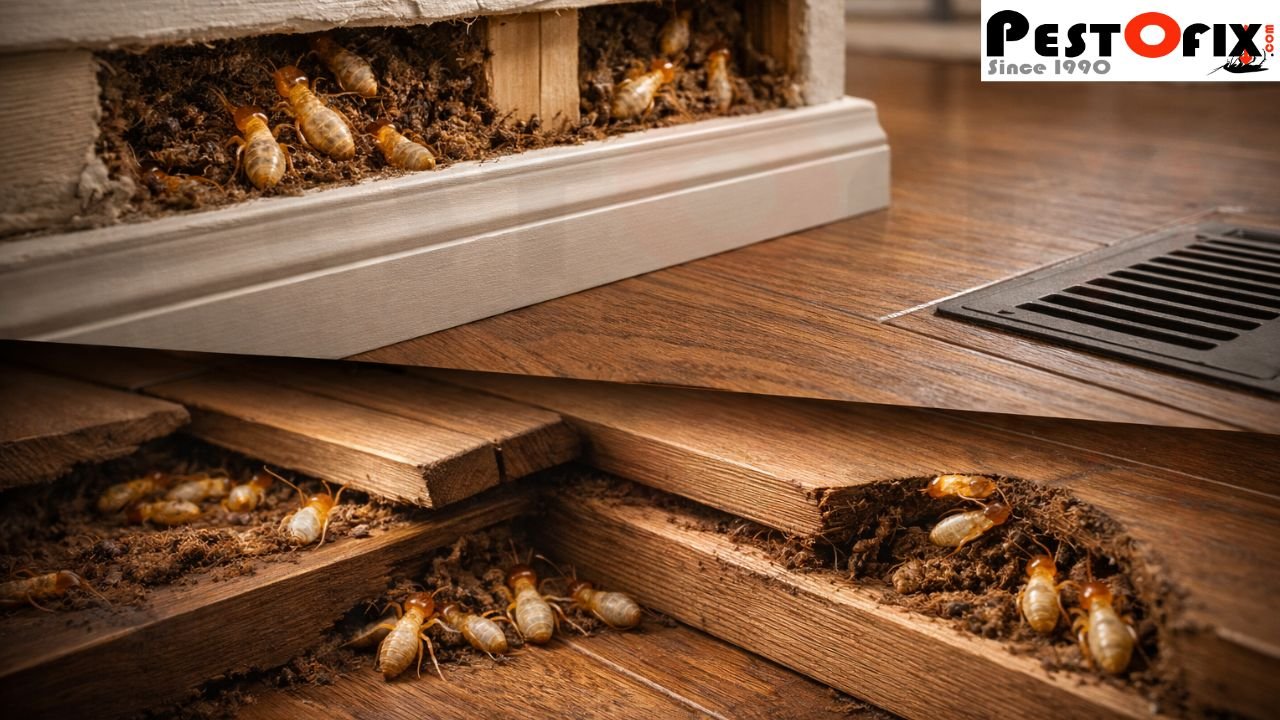 Multiple hidden termite feeding zones inside walls and flooring caused by delayed termite treatment