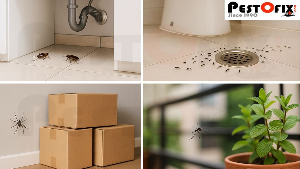 Cockroaches under kitchen sink, ants around bathroom drain, spiders near storage boxes and mosquitoes in balcony plant pots in Delhi NCR homes