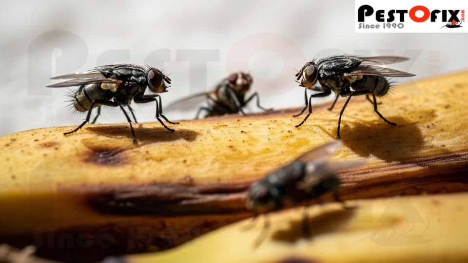 Close-up of house flies resting on slightly decomposed fruit
