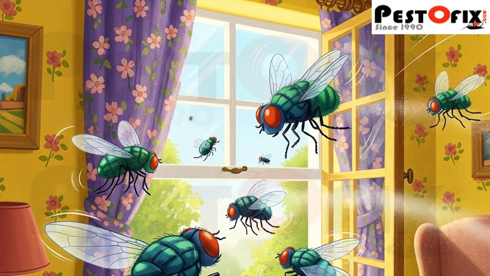 House fly flying through an open window into a clean, bright room