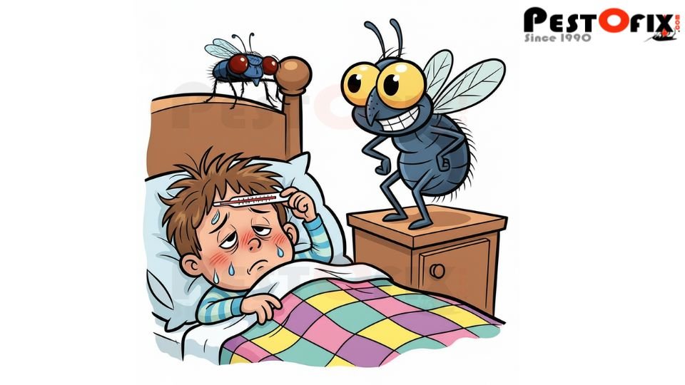 Infographic showing house fly spreading diseases like typhoid, cholera, and Salmonella