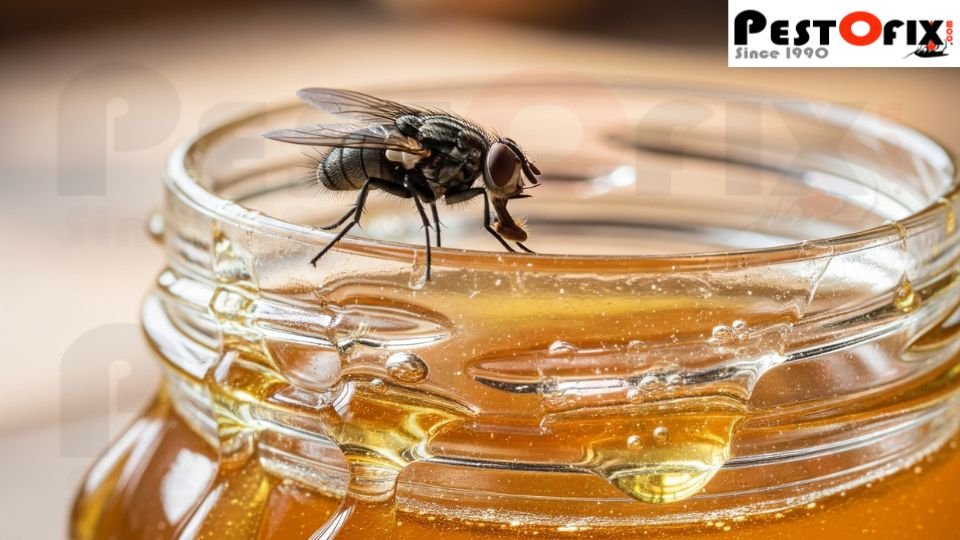 House fly perched on the rim of an open honey jar with sticky honey dripping