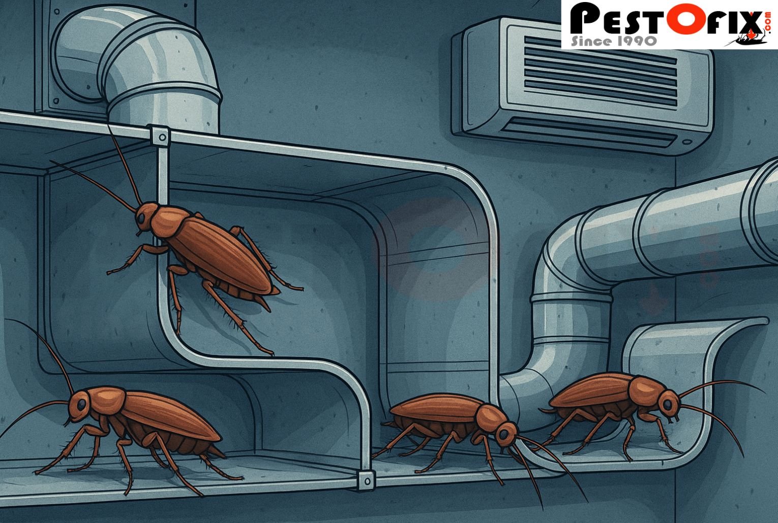 Illustration of cockroaches surviving inside air conditioner ducts