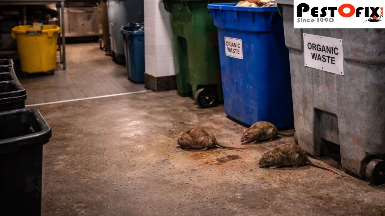 Rodent activity developing around indoor waste handling zones in food environments