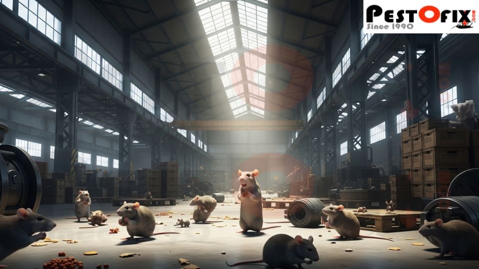 Wide view of a large factory interior showing rodents thriving among machinery and storage areas