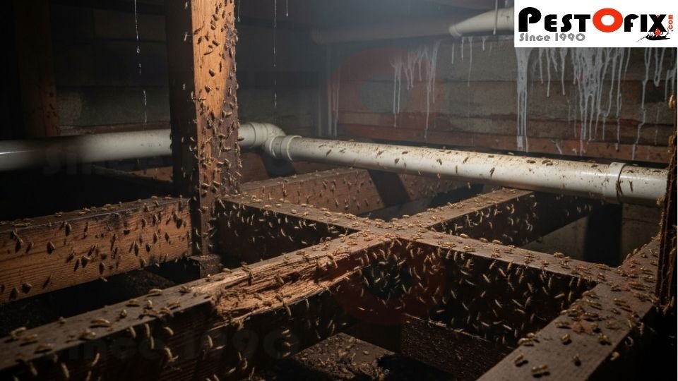 Termites in a moist crawl space on wood and soil