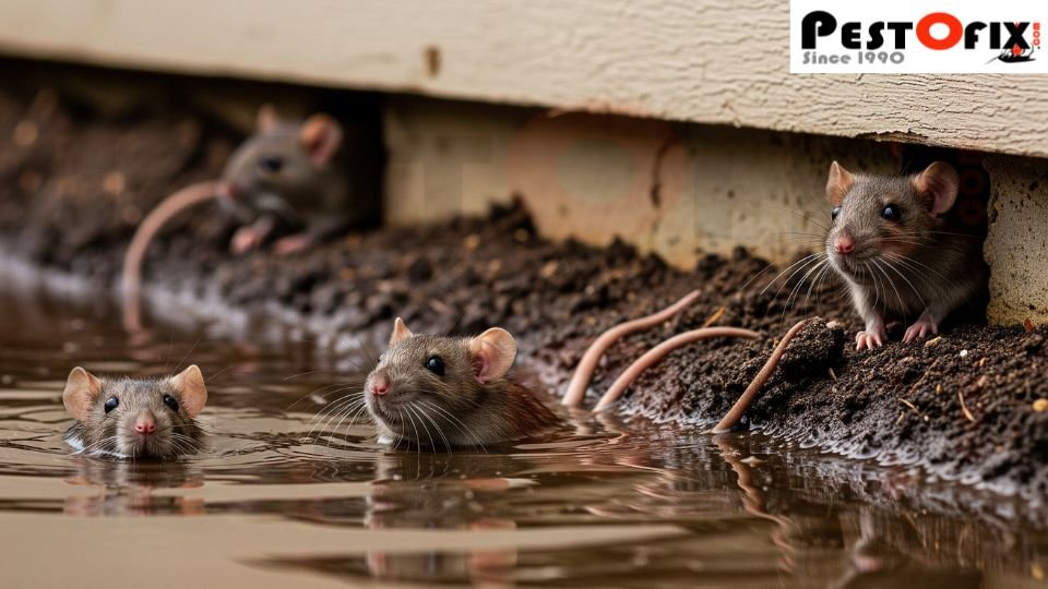 Rat burrows flooded due to heavy rain, forcing rats to abandon them and seek shelter inside human homes