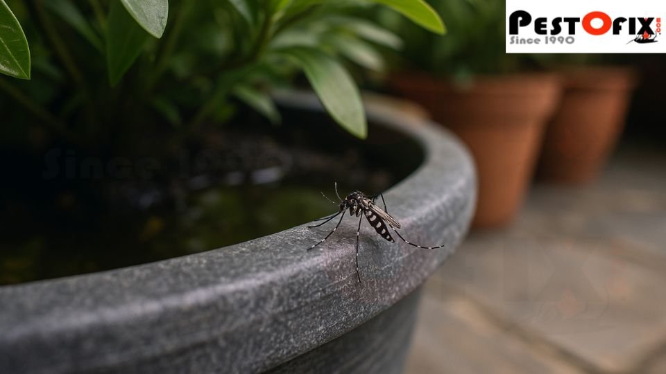 Mosquito breeding in stagnant water collected in garden plant pots at Gurgaon home