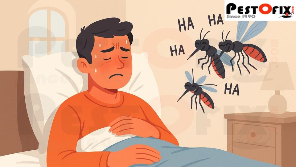 Man lying sick in bed with fever while mosquitoes hover and mock nearby