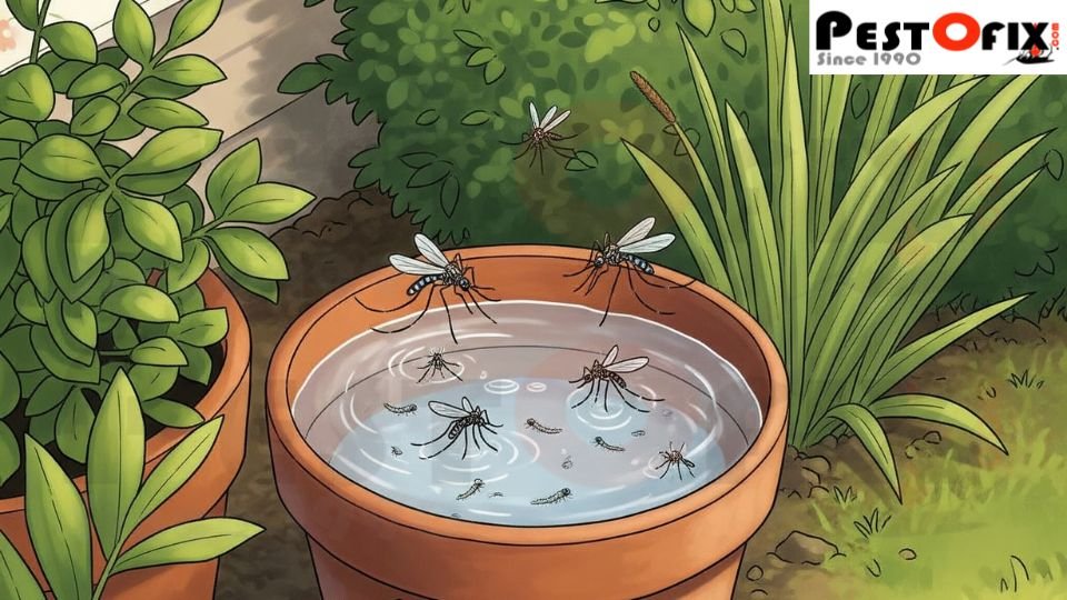 Mosquitoes breeding in standing water inside a flower pot outside a home