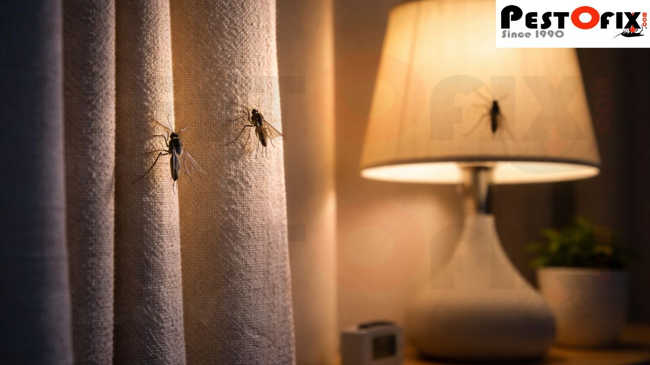 Mosquitoes hiding on curtains and near night lamp inside a house