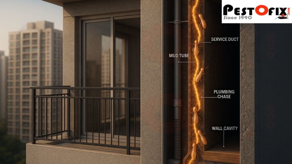 Cross-sectional view of a 25th-floor apartment in Noida showing termite pathways through concealed service ducts, wall cavities, and plumbing shafts