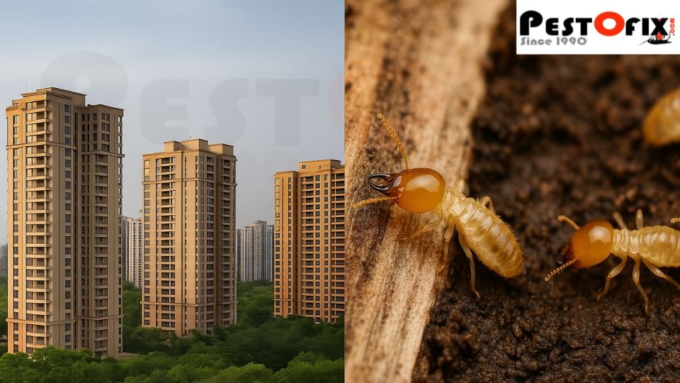 High-rise apartments in Noida with close-up of termite damage on wooden surface