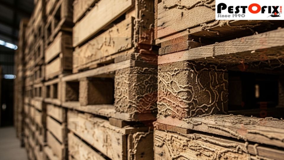 Termite-infested wooden pallets in a Noida warehouse during monsoon showing damage caused by high humidity and moisture