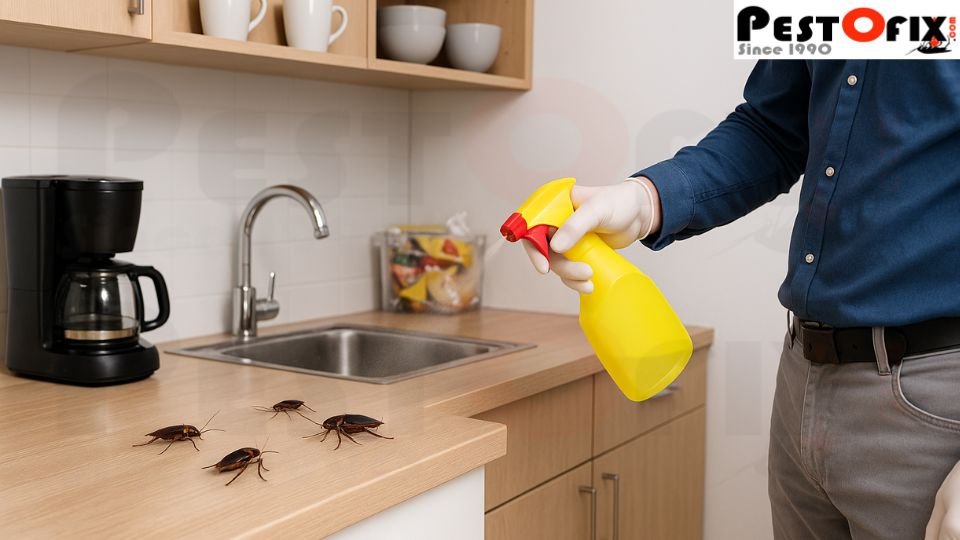 Office pantry being sprayed with cockroach killer but hidden pests survive inside drains and cracks