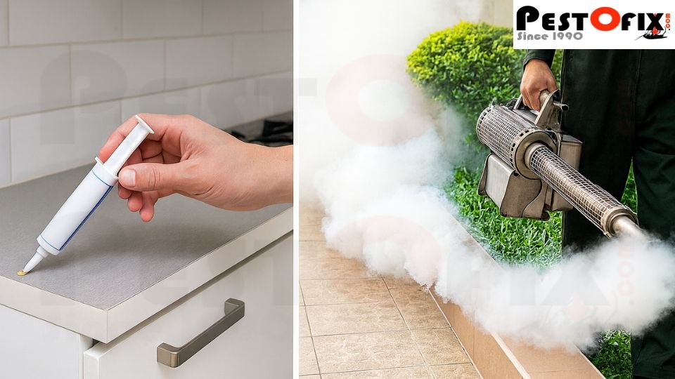 Cockroach gel bait applied in kitchen and outdoor mosquito fogging treatment for pest control in Delhi NCR homes