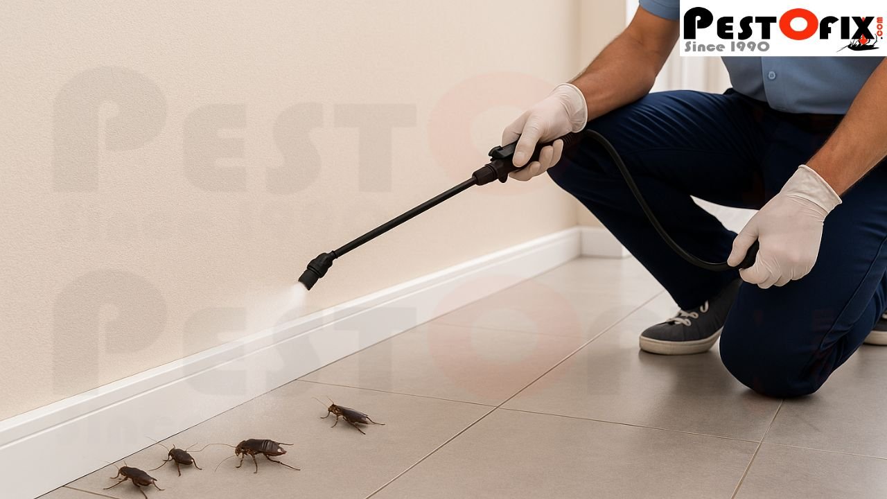 Pest control technician spraying odorless chemical along wall base to eliminate cockroaches
