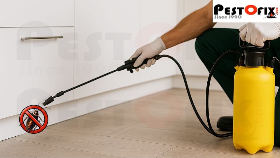 Pest control technician spraying under kitchen cabinets in Gurgaon home to eliminate pest breeding areas