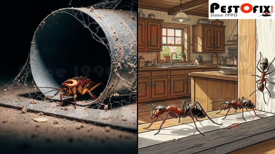 Cockroach entering through plumbing gap and ants sneaking in from unsealed window