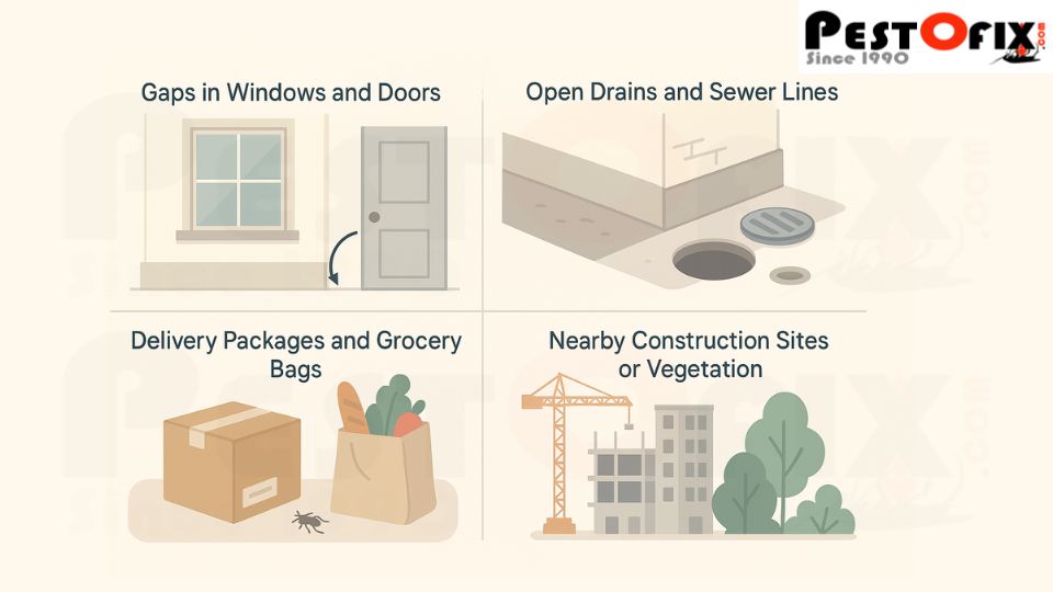 Infographic showing common pest entry points into a clean home including cracks, drains, packages, and nearby construction