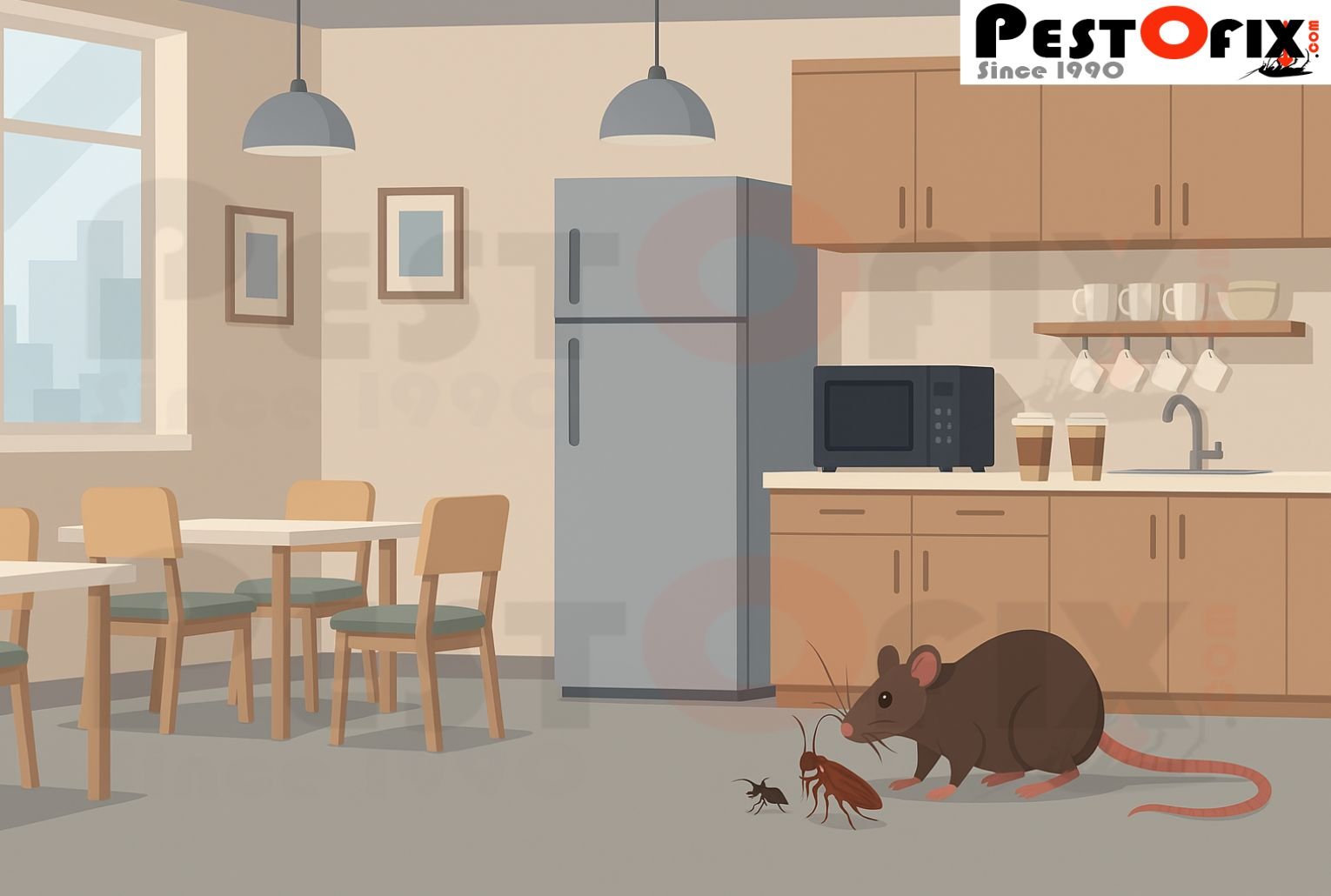 Illustration of pests sneaking into an office pantry area with tables, fridge, and cabinets