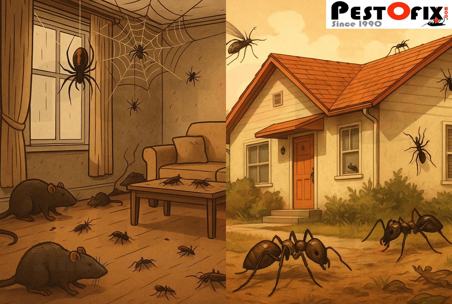 Illustration showing pests attacking both inside and outside of a home due to ignored infestation