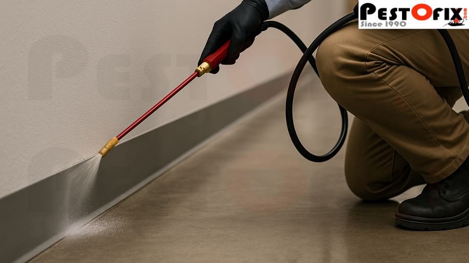 Technician applying post-construction termite treatment by spraying along wall-floor junction inside a warehouse in Rohini