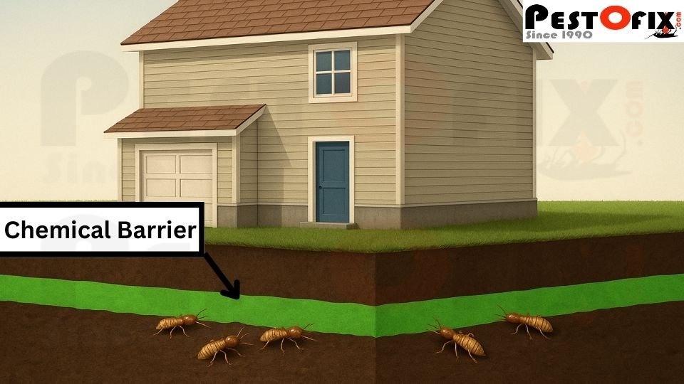 Cross-section showing a green chemical barrier in soil preventing termites from reaching a house foundation — realistic illustration for pre-construction termite treatment in Delhi