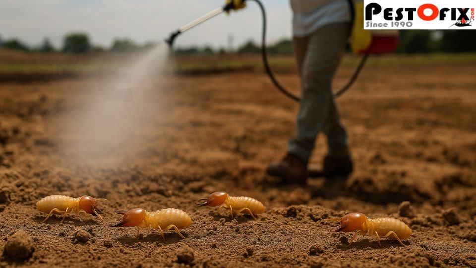 Termite control technician spraying anti-termite chemical directly on soil where termites are visible during pre-construction treatment in Rohini
