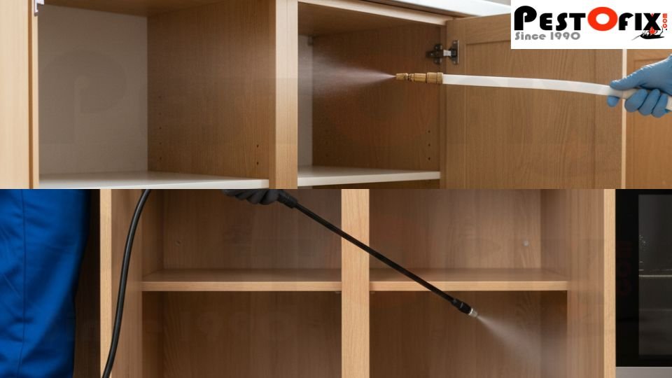 Pestofix technician injecting termiticide directly into cupboard wood for deep treatment