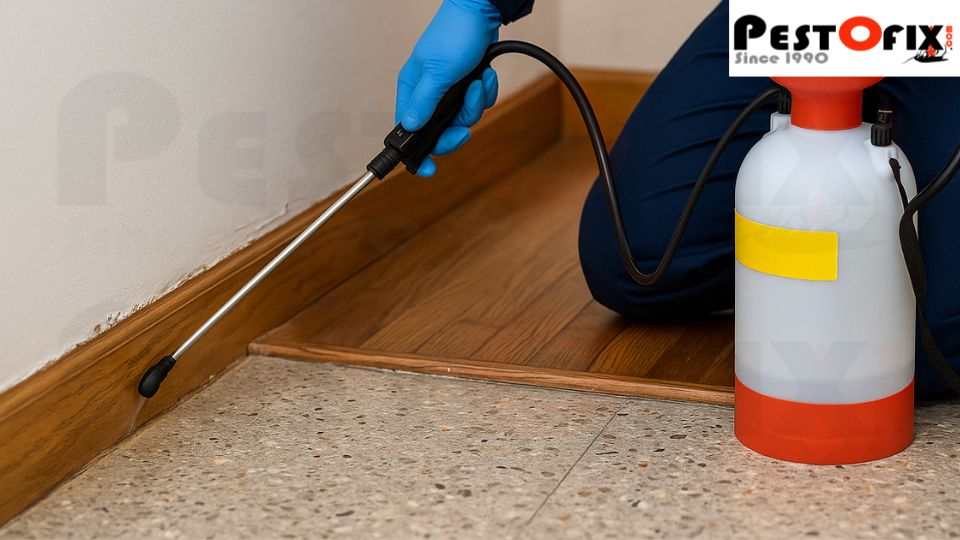 Pestofix technician applying termite treatment along wall base in Vasundhara Ghaziabad home using eco-safe method