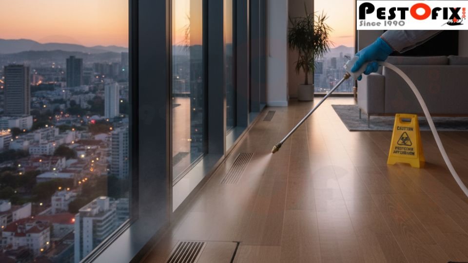 Professional applying termite treatment in apartment wooden structures