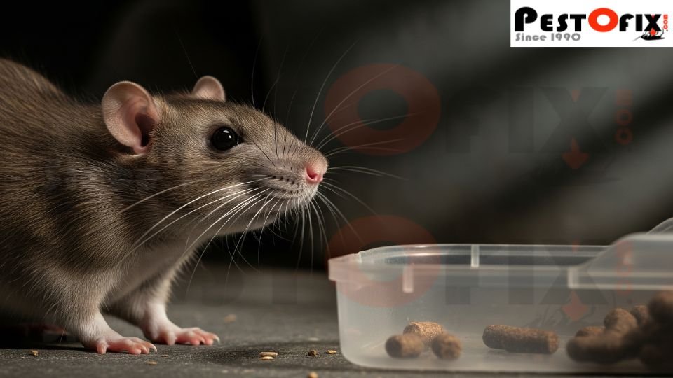 Rat sniffing and avoiding a bait station showing bait shyness and resistance