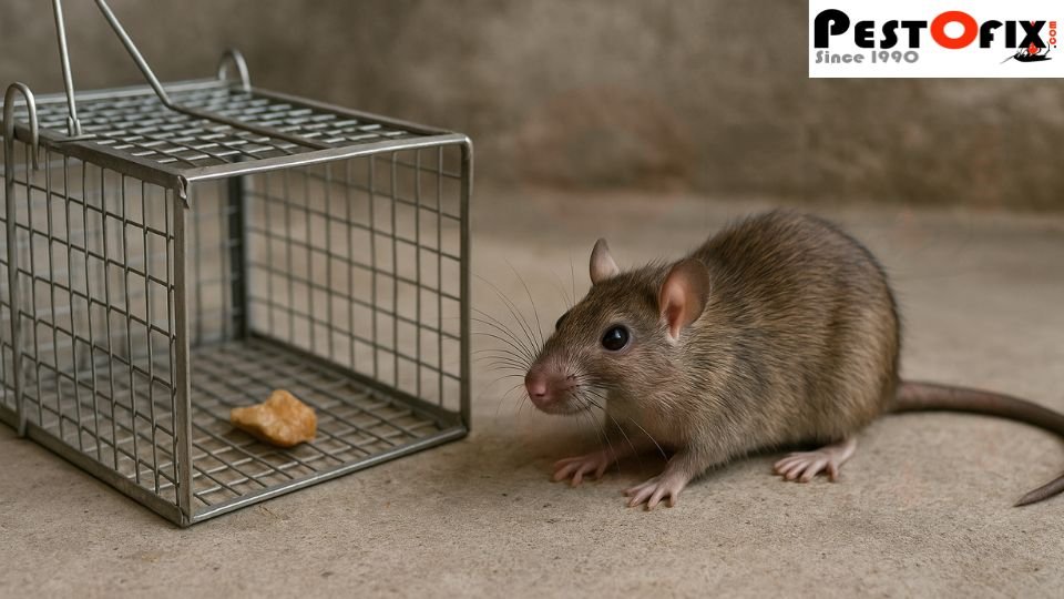 Rat avoiding a steel cage trap and smartly staying just outside the bait