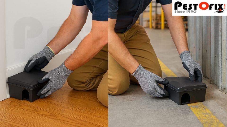 Pest control technician placing rat bait box in residential and commercial spaces