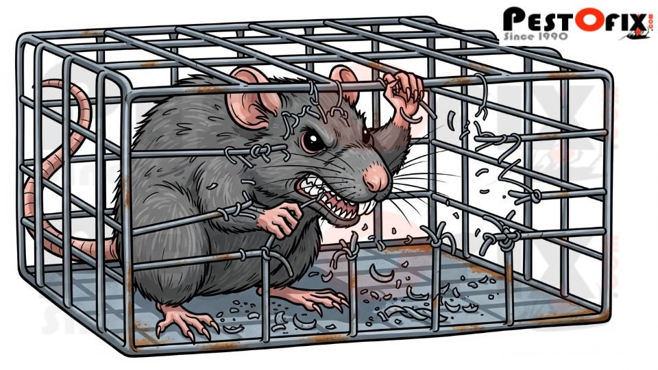 Rat breaking out of a rodent cage and escaping