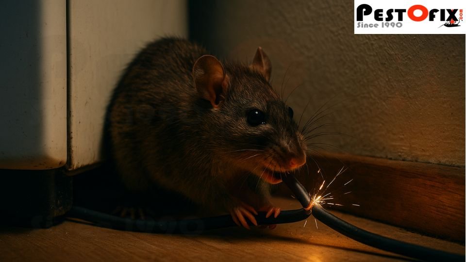 Rat chewing electrical wires behind a kitchen appliance causing fire hazard