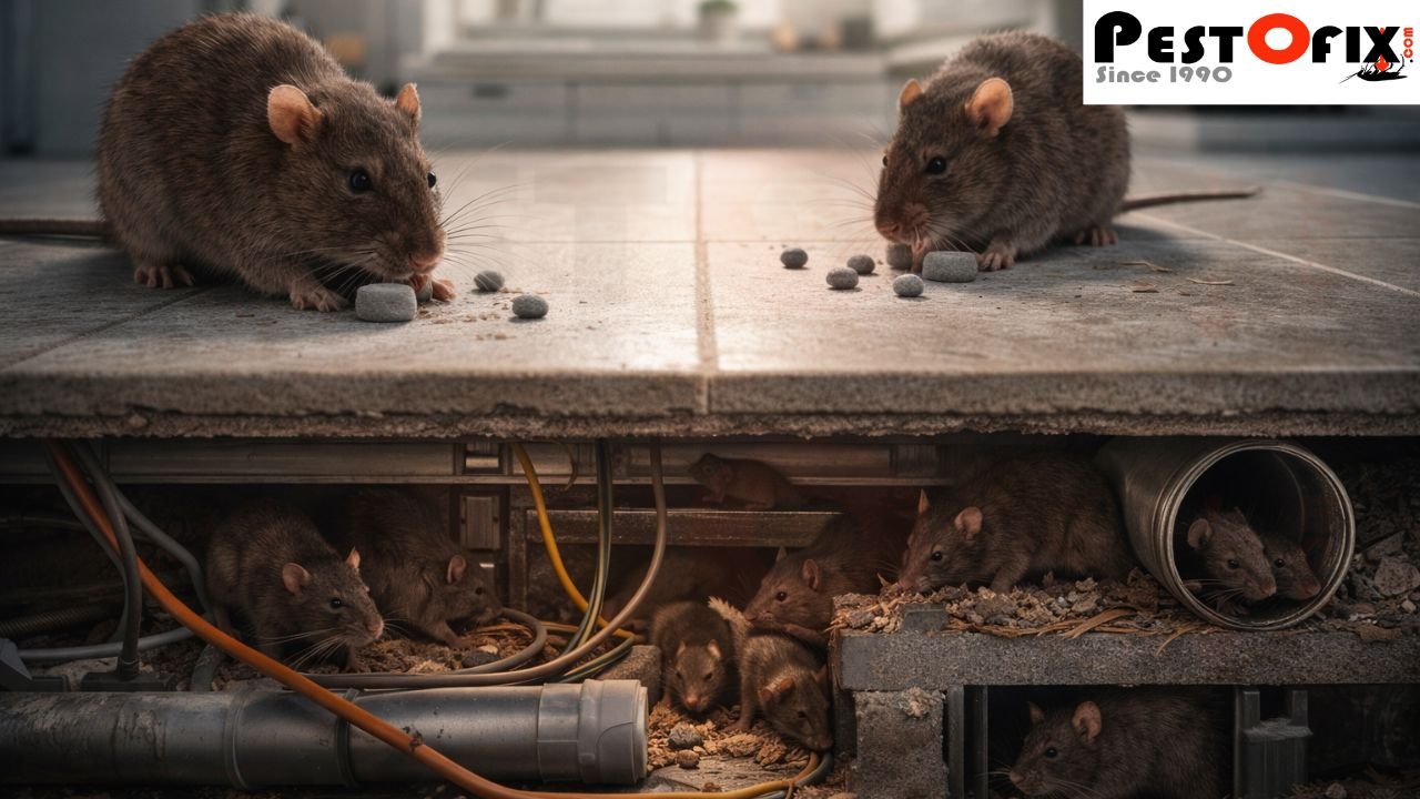 Visible rats feeding on bait while a larger rat infestation remains hidden beneath floors in ducts and wiring, showing why rat control cannot be completed in one visit
