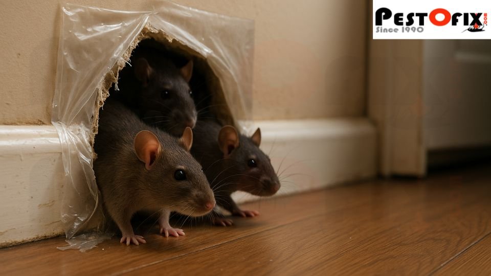 Rats entering home through torn plastic over wall hole due to poor sealing and food scent leakage