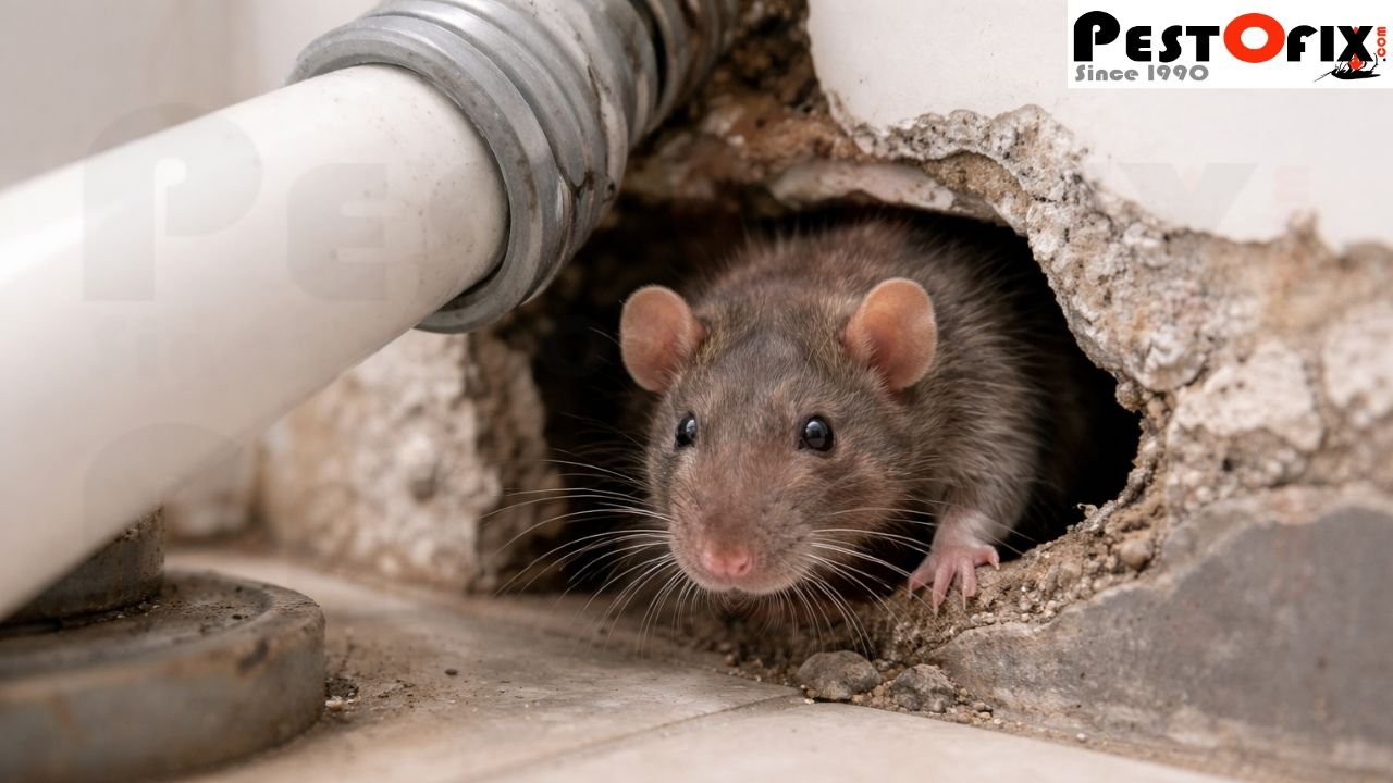 Rat squeezing through a small gap near drain pipe showing easy entry points in homes