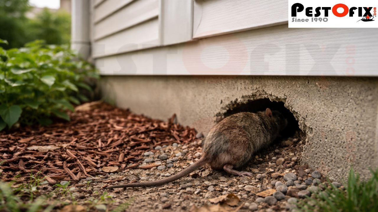 Rat entry point through a small gap in a residential home foundation