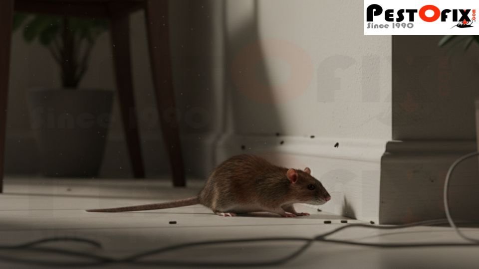 Brown rat moving along walls under furniture, demonstrating cautious navigation