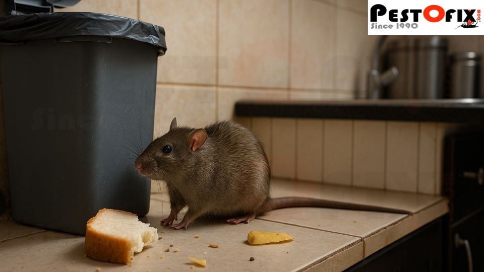 Rat near a kitchen dustbin entering through a gap