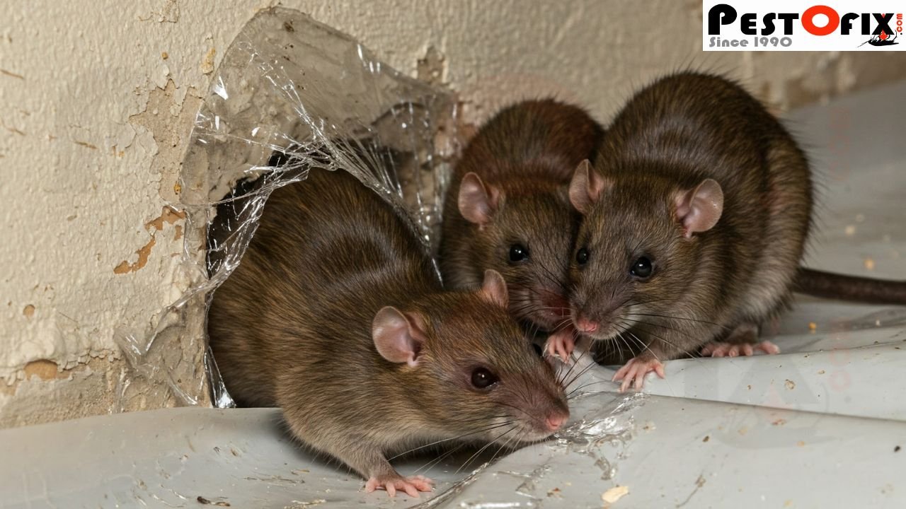 Rats causing damage to a plastic sheet used for rat-proofing a wall.