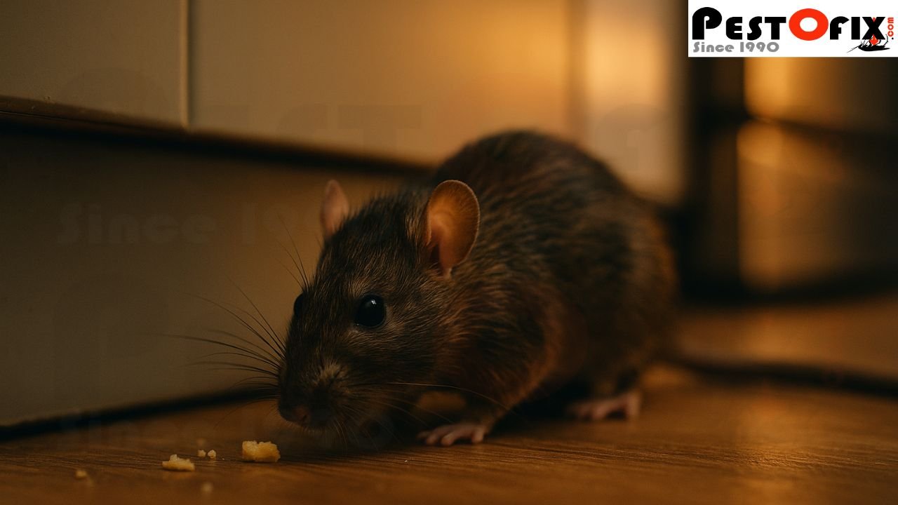 Rat sniffing for food crumbs near kitchen floor under warm light