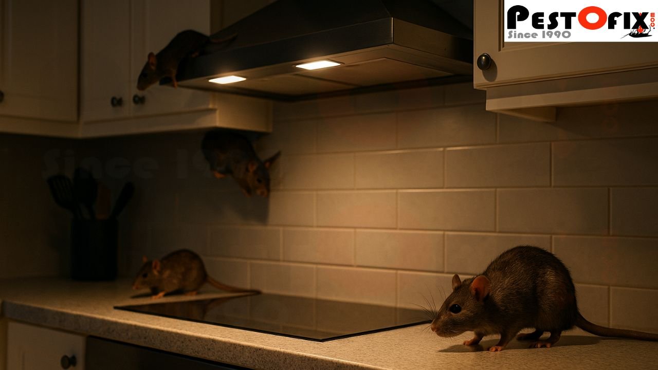 Group of rats roaming around kitchen slab and chimney at night searching for food