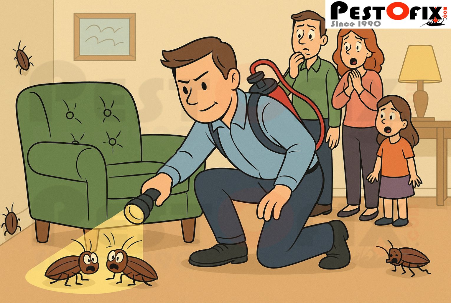 Cartoon of cockroach control expert discovering hidden cockroaches while family watches in surprise