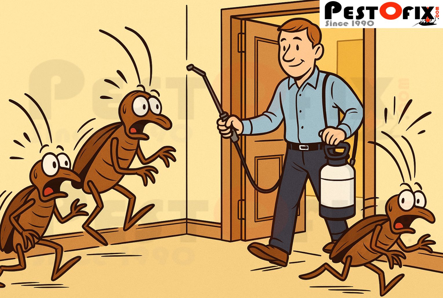 Cartoon of cockroach control expert entering home as cockroaches panic and flee